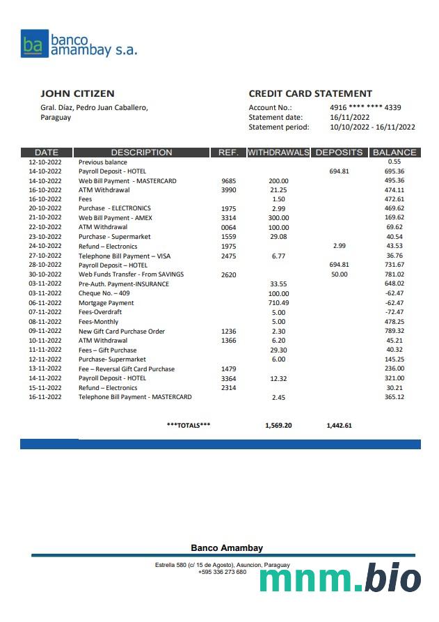 Paraguay Banco Amambay wyciąg bankowy XLS